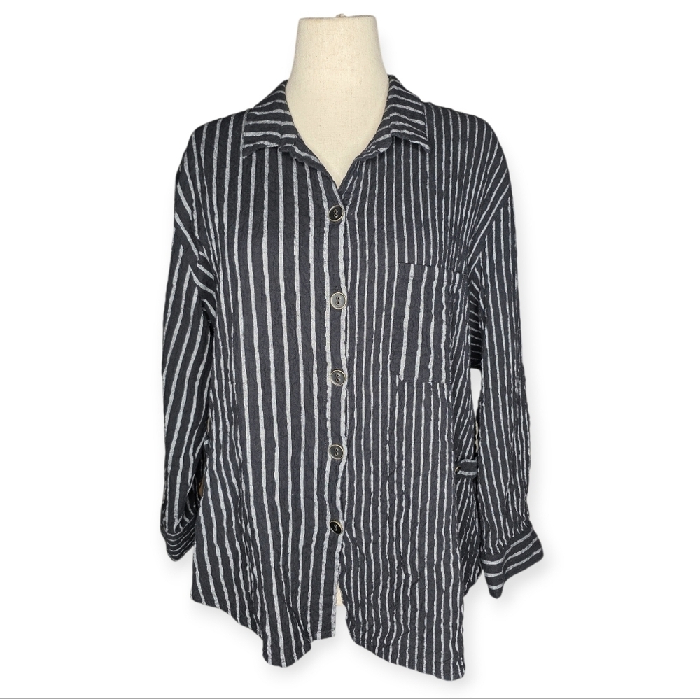 Habitat Gray Striped Cotton Button Front Shirt XL Stretch